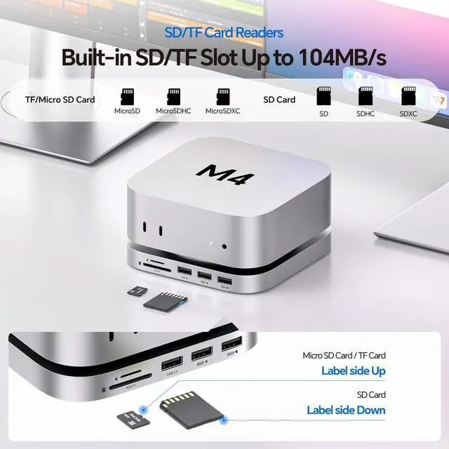 Alt view image 5 of 5 - PULWTOP Mac Mini M4 Dock Stand with DP 4K 144Hz & HDMI 4K 60Hz, Mac Mini M4 Pro Hub with 4TB NVMe SSD Enclosure (SSD NOT Included), 3 USB A 2.0, SD/TF 3.0, 3.5mm Audio/Mic, USB C Hub for Mac Mini 2024