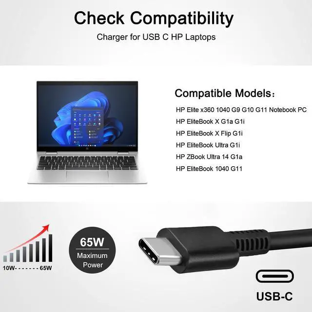 Alt view image 5 of 5 - JUYOON 65W USB-C Car Charger Power Cord Compatible with HP EliteBook 630 640 650 660 665 830 840 850 860 g10 g11 Ultra G1i X Flip G1i G1a
