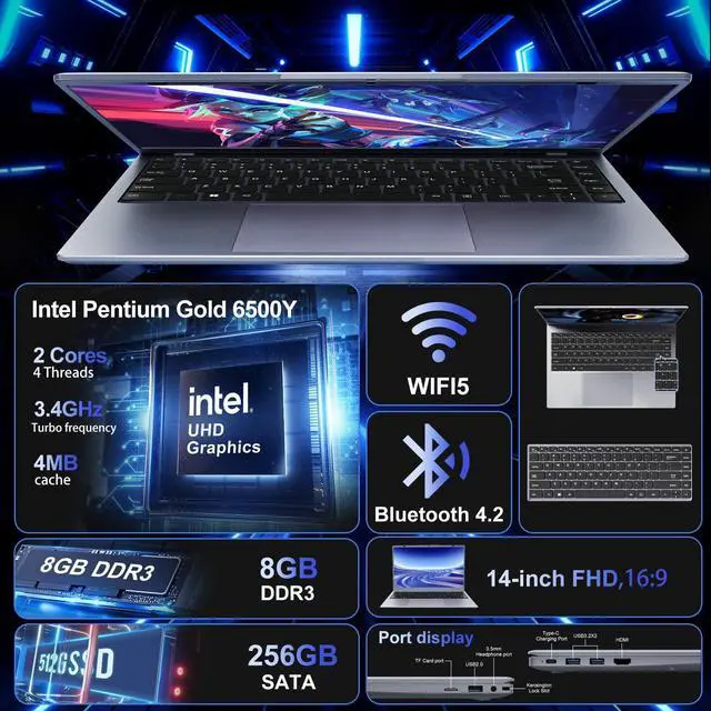 Alt view image 2 of 5 - RNRUO 2025 Silver Laptop with Win11 Pro, Pentium Gold 6500Y Processor,8GB RAM 256GB SSD,14 Inch FHD IPS Display, 5000mAh Battery,Type-C,Portable Laptops Computer for Business Office