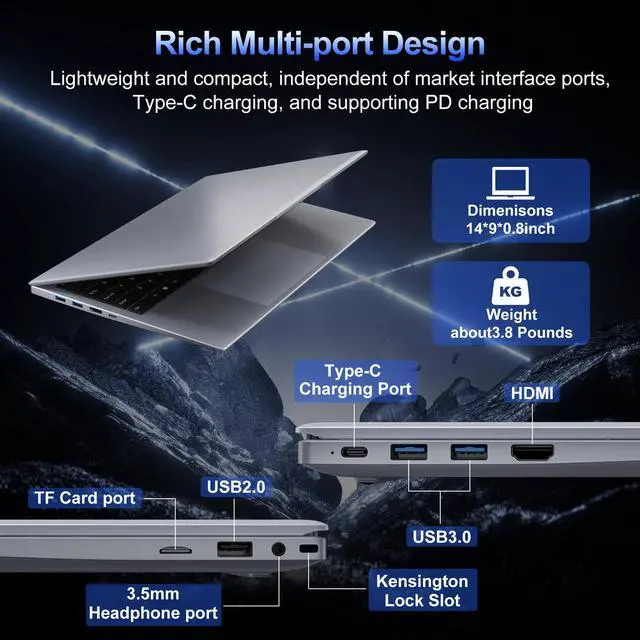 Alt view image 5 of 5 - RNRUO 2025 Silver Laptop with Win11 Pro, Pentium Gold 6500Y Processor,8GB RAM 256GB SSD,14 Inch FHD IPS Display, 5000mAh Battery,Type-C,Portable Laptops Computer for Business Office