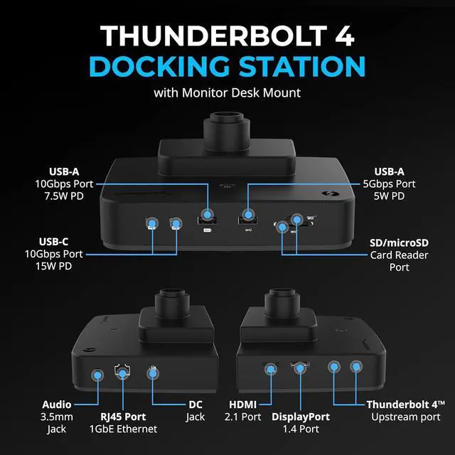Alt view image 2 of 5 - SABRENT Thunderbolt 4 Docking Station with Monitor Desk Mount, Gas-Lift Arm, 4 USB Ports, UHS-II Card Reader, Gigabit Ethernet, HDMI, DisplayPort, 8K/4K, VESA Mount for Monitors up to 32 (DS-T4WA)