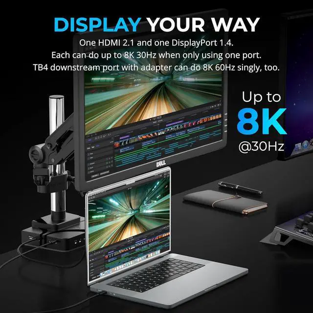 Alt view image 3 of 5 - SABRENT Thunderbolt 4 Docking Station with Monitor Desk Mount, Gas-Lift Arm, 4 USB Ports, UHS-II Card Reader, Gigabit Ethernet, HDMI, DisplayPort, 8K/4K, VESA Mount for Monitors up to 32 (DS-T4WA)