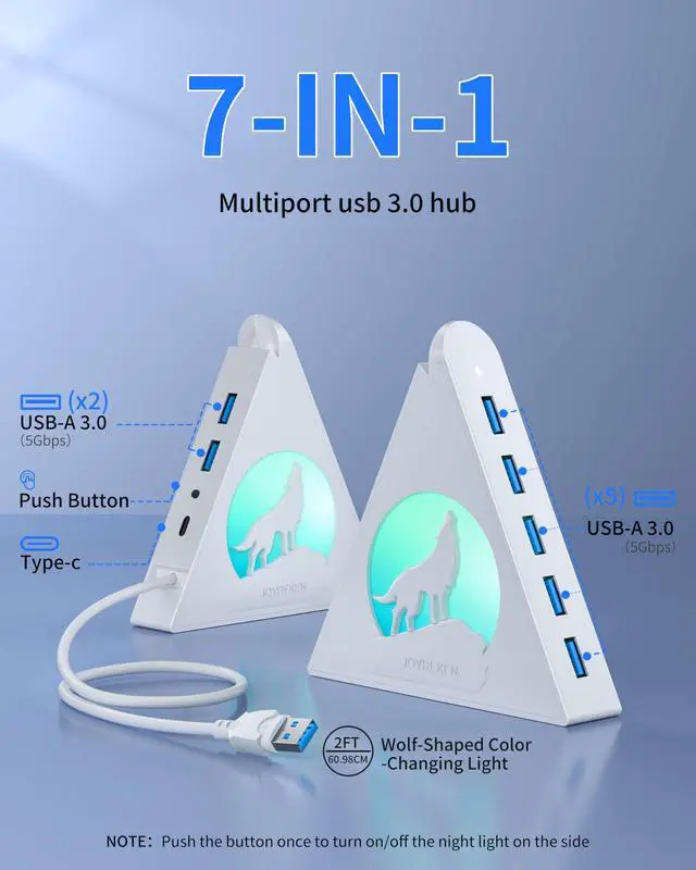 Alt view image 2 of 5 - 7 Port USB Hub, JoyReken USB 3.0 Hub with 2 FT Long Cable, Vertical USB Extension Hub for Laptop, MacBook, Flash Drive, XPS, PC, Flash Drive, Game Console, Printer, Camera,Keyborad, Mouse (White)