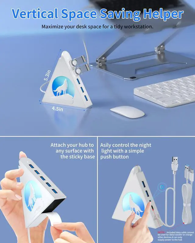 Alt view image 3 of 5 - 7 Port USB Hub, JoyReken USB 3.0 Hub with 2 FT Long Cable, Vertical USB Extension Hub for Laptop, MacBook, Flash Drive, XPS, PC, Flash Drive, Game Console, Printer, Camera,Keyborad, Mouse (White)