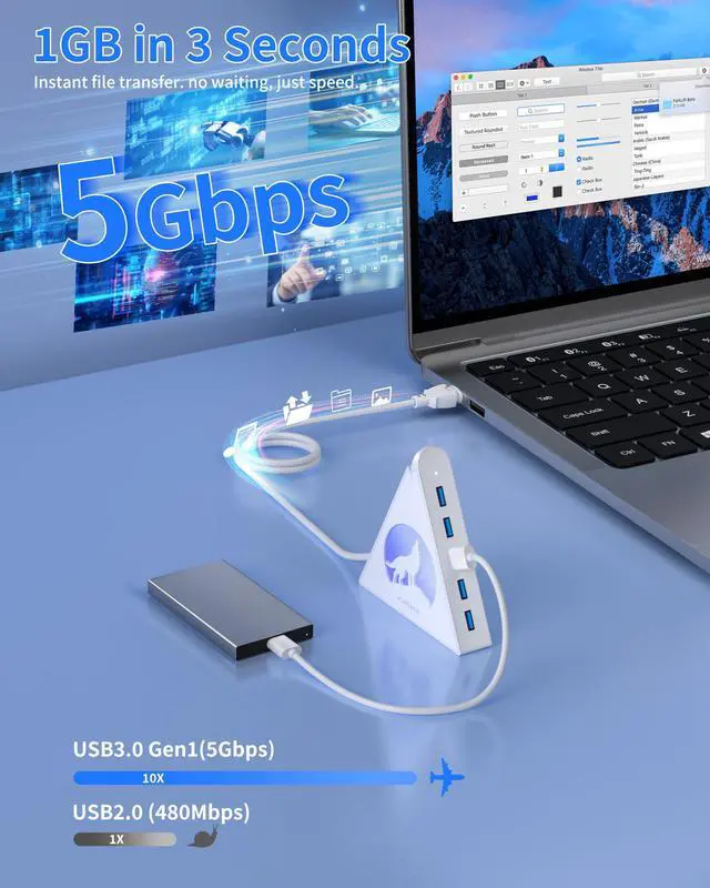 Alt view image 4 of 5 - 7 Port USB Hub, JoyReken USB 3.0 Hub with 2 FT Long Cable, Vertical USB Extension Hub for Laptop, MacBook, Flash Drive, XPS, PC, Flash Drive, Game Console, Printer, Camera,Keyborad, Mouse (White)