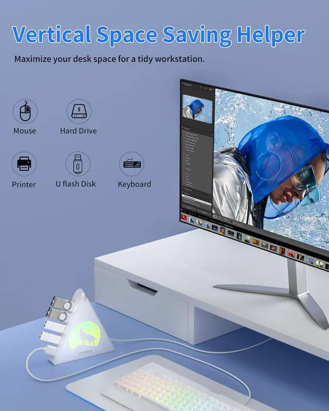 Alt view image 5 of 5 - 7 Port USB Hub, JoyReken USB 3.0 Hub with 2 FT Long Cable, Vertical USB Extension Hub for Laptop, MacBook, Flash Drive, XPS, PC, Flash Drive, Game Console, Printer, Camera,Keyborad, Mouse (White)