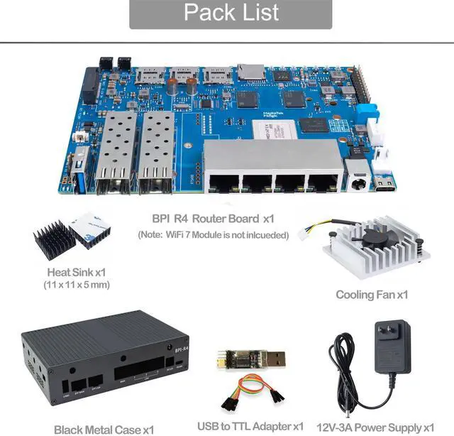 Alt view image 2 of 5 - Banana Pi BPI-R4 WiFi 7 OpenWRT Wireless Dual-Band WiFi Router Board, MediaTek MT7988A (Filogic 880) SoC, 4G/5G Internet Router, 4X GbE and 2X 10GbE SFP for NAS Smart Home Gateway (8GB RAM Bundle2)