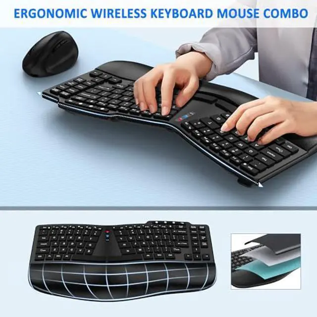 Alt view image 2 of 5 - Ergonomic Wireless Keyboard Mouse Combo, Bluetooth/2.4G Split Design Keyboard with Palm Rest and 3 Levels DPI Adjustable Wireless Vertical Mouse, Multi-Device, Rechargeable, for Windows/MacBlack