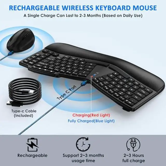 Alt view image 3 of 5 - Ergonomic Wireless Keyboard Mouse Combo, Bluetooth/2.4G Split Design Keyboard with Palm Rest and 3 Levels DPI Adjustable Wireless Vertical Mouse, Multi-Device, Rechargeable, for Windows/MacBlack