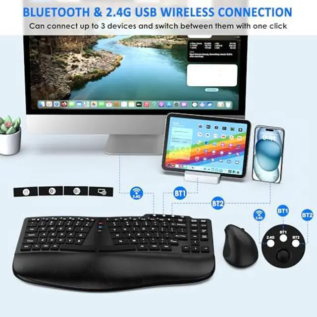 Alt view image 4 of 5 - Ergonomic Wireless Keyboard Mouse Combo, Bluetooth/2.4G Split Design Keyboard with Palm Rest and 3 Levels DPI Adjustable Wireless Vertical Mouse, Multi-Device, Rechargeable, for Windows/MacBlack