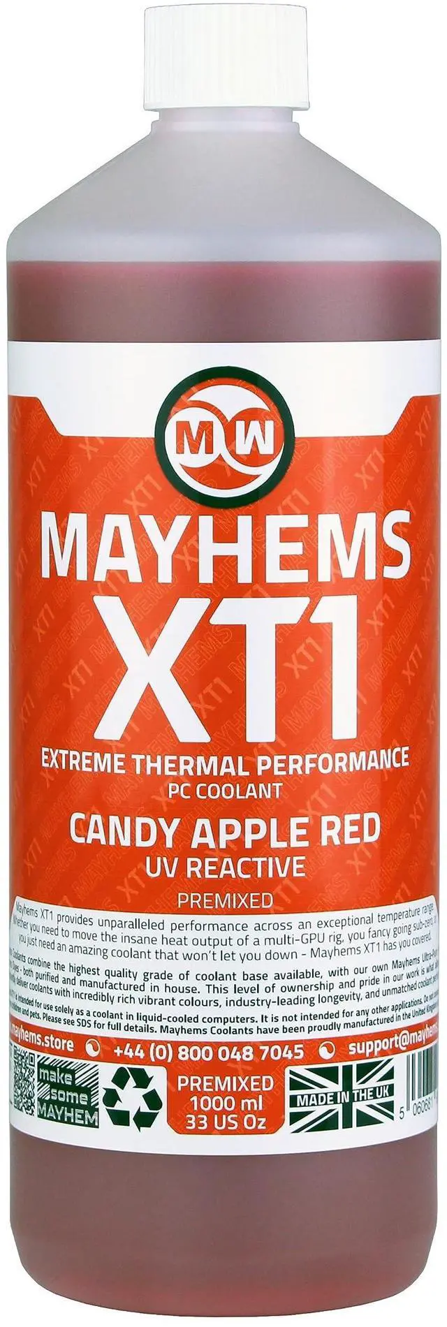 Alt view image 2 of 5 - Mayhems - XT1 Premixed PC Coolant - Computer Water Cooling Fluid - Liquid Cooling, Thermal Performance Series, UV Fluorescent, 1 Litre, Candy Apple Red
