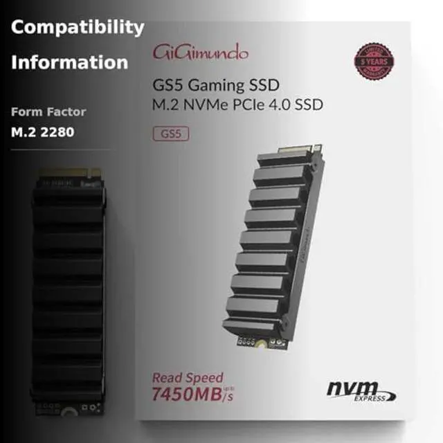 Alt view image 3 of 5 - GiGimundo GS5 2TB TLC PCIe Gen4x4 NVMe SSD for PS5 - Blast Through Load Times with 6500MB/s Speed with Heatsink, Up to 7450MB/s for Desktop PC
