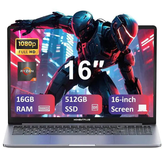 Main image of MOMENTPLUS 16 Inch Laptop Computer 11 Pro, Ryzen 5 3550H Laptop (Beat N150/N95, Up to 3.7GHz) 16GB DDR4 RAM, 512GB NVMe SSD, 1080P LCD Screen, Backlit Keyboard, Wi-Fi5, BT5.0, Webcam, Dual Speakers