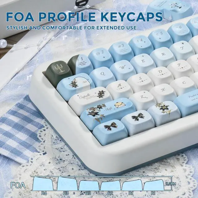 Alt view image 4 of 5 - COOMICKEY Blue White PBT Keycaps Cute Round Butterfly Keycaps 60 75 100 Percent, Lily Theme Aesthetics Key caps Custom 145 Keys, FOA Profile for Cherry Gateron MX Mechanical Gaming Keyboards