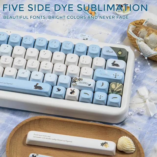 Alt view image 3 of 5 - COOMICKEY Blue White PBT Keycaps Cute Round Butterfly Keycaps 60 75 100 Percent, Lily Theme Aesthetics Key caps Custom 145 Keys, FOA Profile for Cherry Gateron MX Mechanical Gaming Keyboards