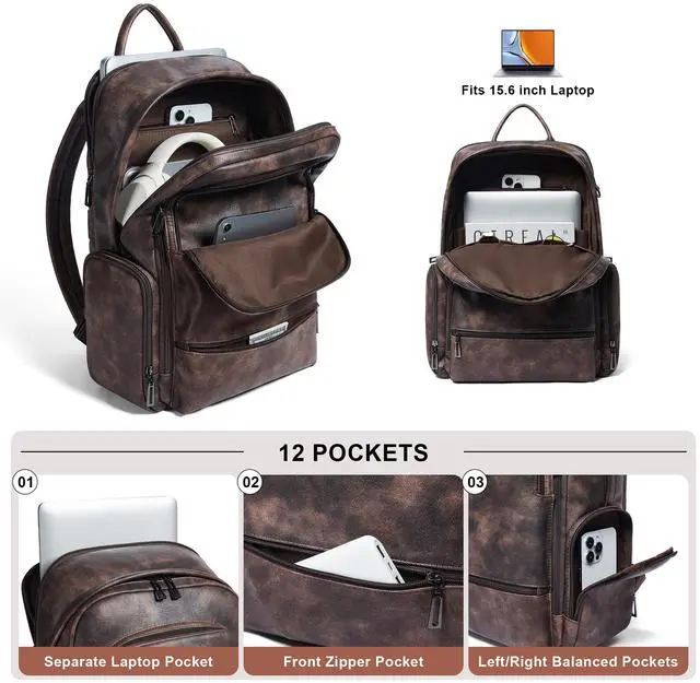 Alt view image 5 of 5 - tiamyi Computer Backpack for Women Soft Leather Back pack with 15.6 inch Laptop Compartment, Designer Ladies Travel Backpack, Coffee