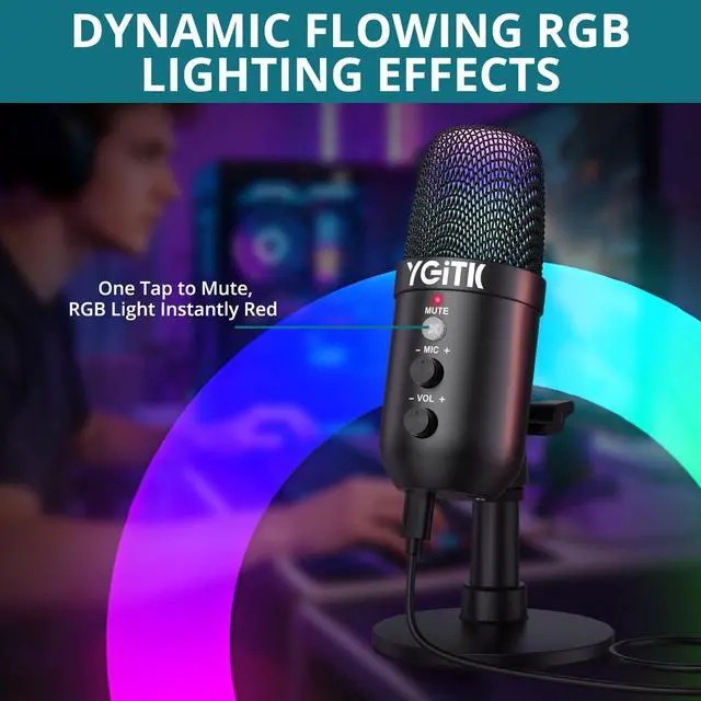Alt view image 4 of 5 - YGiTK USB Condenser Microphone with RGB Lights Stand for PC, PS4, PS5 | Gaming Dynamic Microphone Mute Headphones Jack, Noise Cancellation, Gain Control USB/XLR | Gaming, Podcasting, Streaming