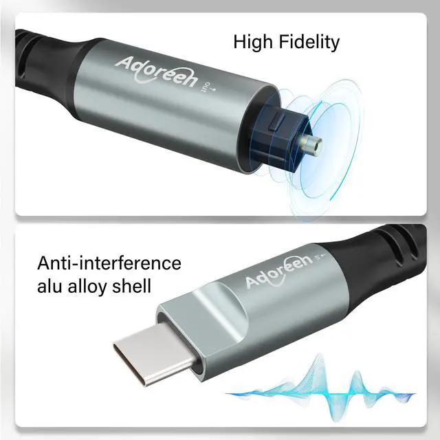 Alt view image 4 of 5 - Adoreen Unidirectional USB C to Toslink Digital Optical Audio Cable 10 Ft, USB 2.0 Male to SPDIF Port Male Fiber Optic Adapter, Braided for TV/Soundbar, Sony PS5, Speaker-Not Toslink to USB
