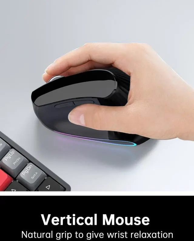 Alt view image 2 of 5 - Vertical Ergonomic Wireless Mouse - Silent Click, Triple Mode (2.4G+BT5.0×2), Adjustable DPI up to 4800, 7-Color Auto Cycling Light for Computer, Laptop, Notebook, PC - Screen Display (Black)