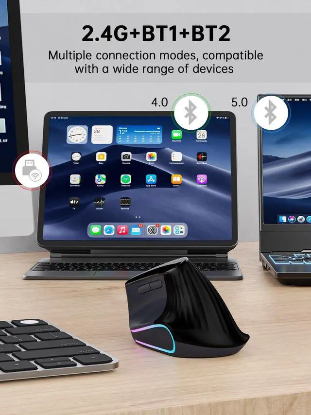Alt view image 3 of 5 - Vertical Ergonomic Wireless Mouse - Silent Click, Triple Mode (2.4G+BT5.0×2), Adjustable DPI up to 4800, 7-Color Auto Cycling Light for Computer, Laptop, Notebook, PC - Screen Display (Black)