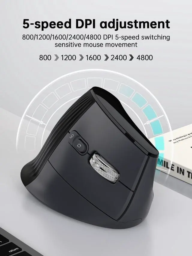 Alt view image 5 of 5 - Vertical Ergonomic Wireless Mouse - Silent Click, Triple Mode (2.4G+BT5.0×2), Adjustable DPI up to 4800, 7-Color Auto Cycling Light for Computer, Laptop, Notebook, PC - Screen Display (Black)