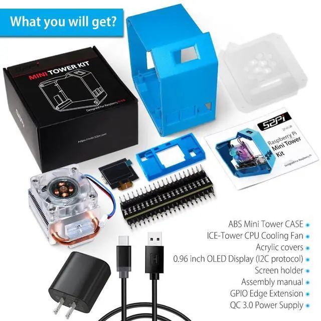 Alt view image 2 of 5 - GeeekPi Mini Tower Kit with QC3.0 Power Supply for Raspberry Pi 4, Pi 4 Case with ICE Tower Cooler, 0.96'' OLED Module, RGB Fan, Heatsink, GPIO Expansion Board for Raspberry Pi 4 Model B