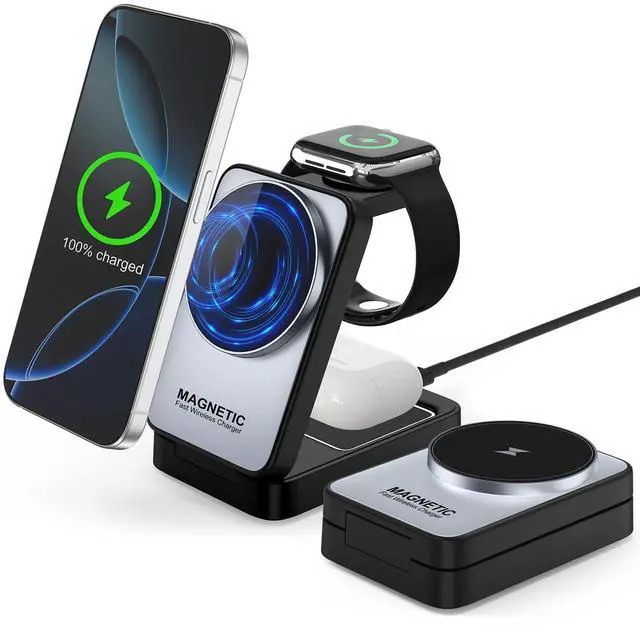 Main image of 3 in 1 Wireless Charging Station for Apple Devices,Portable Foldable Magnetic Multiple Fast Charger Stand,Wireless Charger MagSafe for iPhone 17 16 15 14 13 12 11 Pro Max Air Plus/Apple Watch/Airpods