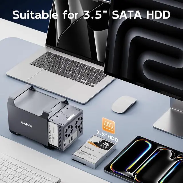 Alt view image 3 of 5 - MAIWO 4 Bay HDD RAID Enclosure for 3.5" SATA Drive with Cooling Fan, USB A-C 3.0 & C-C Cable Included, Supports Raid Normal,0,3,5,1/10,Clone/Large(jbod) & 96TB Capacity, DAS Enclosure