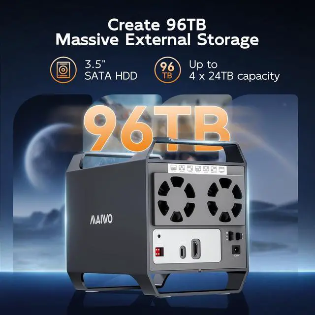 Alt view image 5 of 5 - MAIWO 4 Bay HDD RAID Enclosure for 3.5" SATA Drive with Cooling Fan, USB A-C 3.0 & C-C Cable Included, Supports Raid Normal,0,3,5,1/10,Clone/Large(jbod) & 96TB Capacity, DAS Enclosure