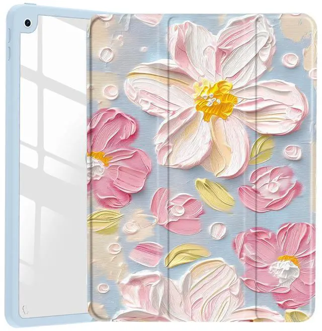 Main image of JOYLAND Texture Painting Flower Baby Blue Case for iPad (A16) 11th Gen 2025 11-inch/10th Gen 2022 10.9 inch, Clear Acrylic Hard Back Case with Pencil Holder Trifold Stand Tablet Cover for Women