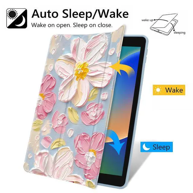 Alt view image 3 of 5 - JOYLAND Texture Painting Flower Baby Blue Case for iPad (A16) 11th Gen 2025 11-inch/10th Gen 2022 10.9 inch, Clear Acrylic Hard Back Case with Pencil Holder Trifold Stand Tablet Cover for Women