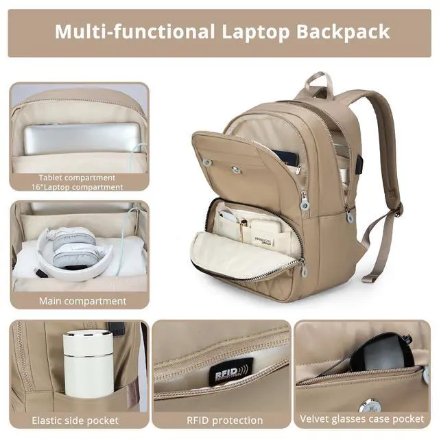 Alt view image 2 of 5 - Swissdigital Design Travel Backpack for Women, Khaki Simple Laptop College Modern Backpacks for School with USB Charging Port for Womens Girls | FOUNEX