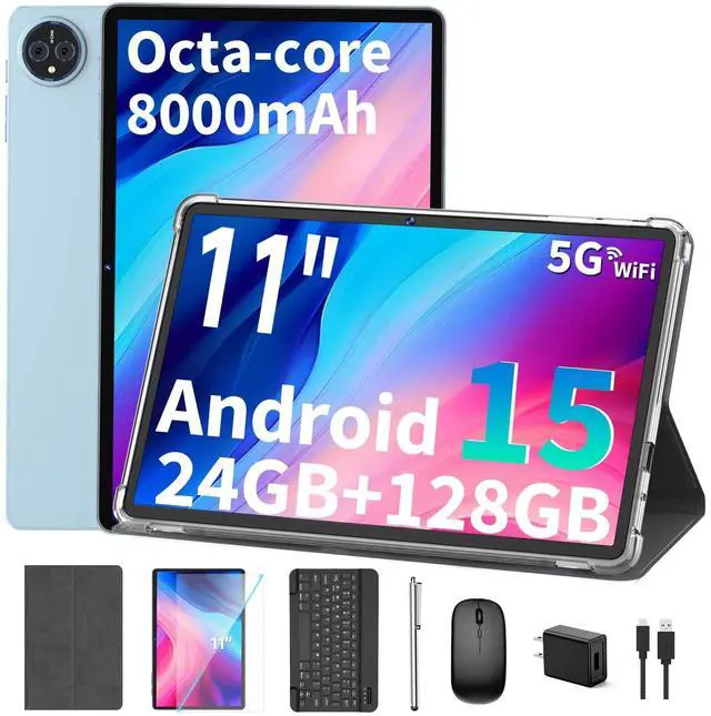 Main image of Android 15 tablet with keyboard, 11 inch tablet with 24GB RAM+128GB ROM(2TB Expand), 8000mAh Battery, 2.4G/5G WiFi, 5MP+13MP Dual Camera, Widevine L1, Octa-core, Mouse, Stylus, Case(Silver Case)