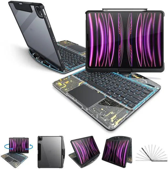 Main image of molosicars Case with Keyboard for iPad Pro 13-inch 2024 (M4) - Transparent Protective Case with Pencil Holder, 7-Color Backlit Wireless Keyboard, 360° Rotating Stand & Tech Style Transparent Black