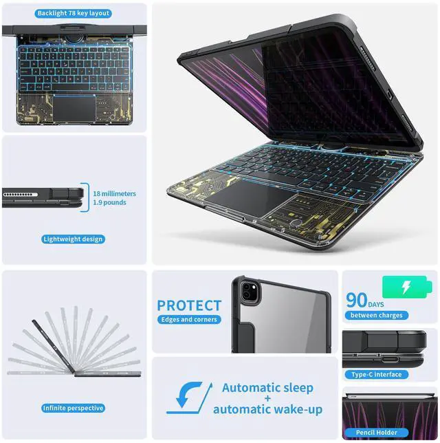 Alt view image 4 of 5 - molosicars Case with Keyboard for iPad Pro 13-inch 2024 (M4) - Transparent Protective Case with Pencil Holder, 7-Color Backlit Wireless Keyboard, 360° Rotating Stand & Tech Style Transparent Black