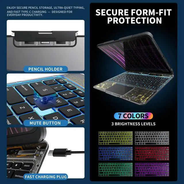 Alt view image 5 of 5 - molosicars Case with Keyboard for iPad Pro 13-inch 2024 (M4) - Transparent Protective Case with Pencil Holder, 7-Color Backlit Wireless Keyboard, 360° Rotating Stand & Tech Style Transparent Black