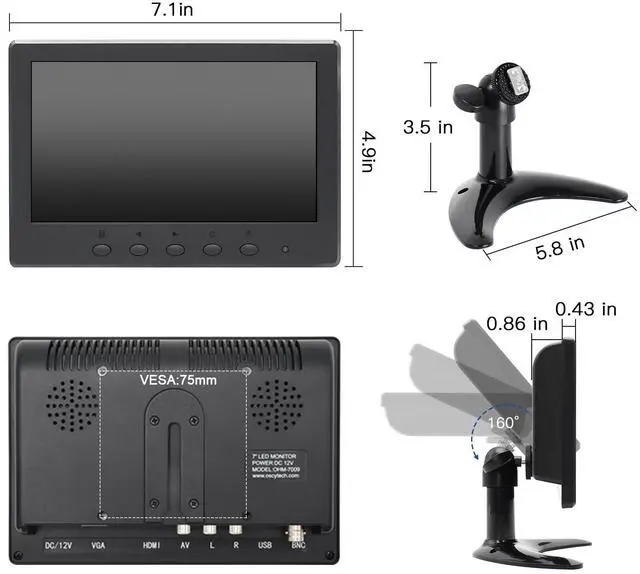 Alt view image 5 of 5 - OSCY 7 Inch Small Monitor Mini HDMI Monitor 1024x600 Support HDMI VGA AV BNC Inputs, Built in Dual Speaker and Remote Contro, Tiny for PC/Mac/TV/Raspi/Camera/Gaming/CCTV