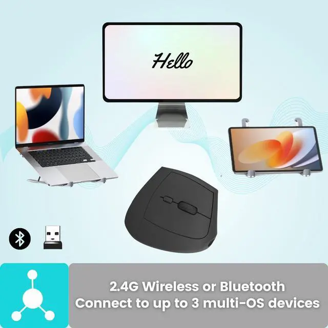 Alt view image 3 of 5 - eirix Wireless Ergonomic Vertical Mouse: Rechargeable Computer Mice with 2.4G BT Mode Connect,Carpal Tunnel Mouse for Right Hand,Compatible with Windows MAC OS