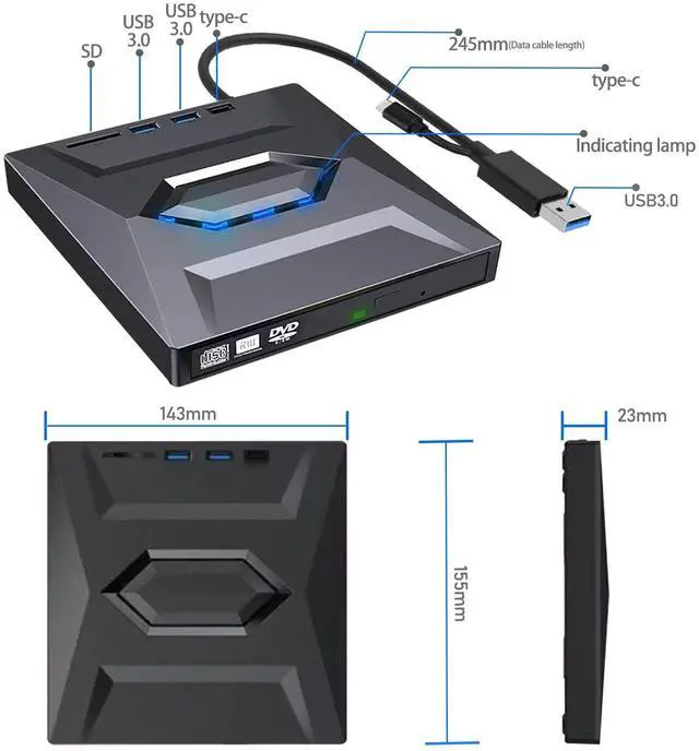 Alt view image 3 of 5 - MTWZMM External CD/DVD Drive for PC and Laptop - 5-in-1 USB C Portable DVD Player with SD Card Slot & 3 USB Ports - High-Speed CD Burner Compatible with Mac, Windows 11/10/8/7, Linux