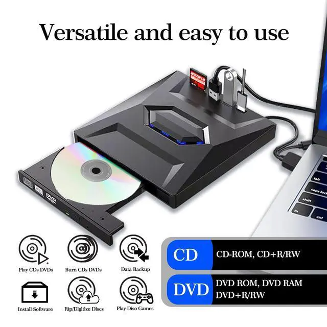 Alt view image 2 of 5 - MTWZMM External CD/DVD Drive for PC and Laptop - 5-in-1 USB C Portable DVD Player with SD Card Slot & 3 USB Ports - High-Speed CD Burner Compatible with Mac, Windows 11/10/8/7, Linux