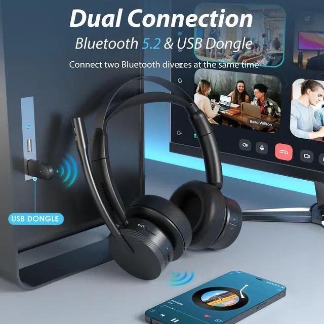 Alt view image 5 of 5 - Wireless Headset with Mic for Work(Upgrade Volume Knob & Charging Indicator), Bluetooth Headset with Microphone for PC, with Noise Cancelling/Mute/USB for Call Center/Office/Home/Computer/Teams/Zoom