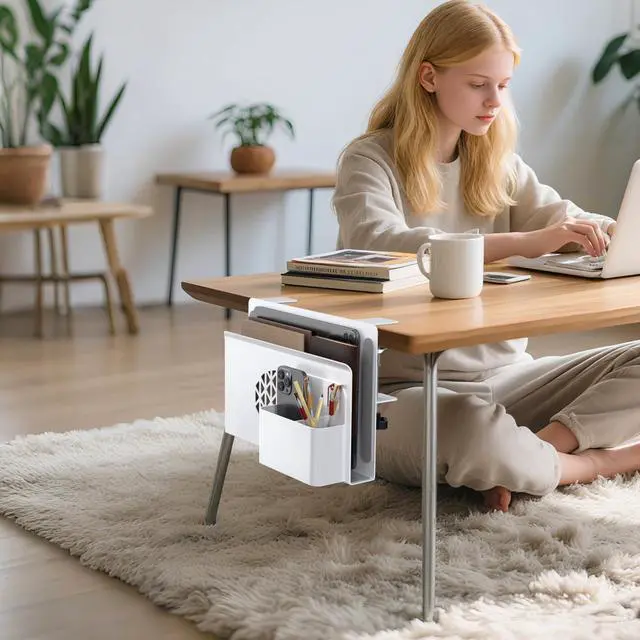 Alt view image 2 of 5 - Josmimic Desk Side Storage, Metal Laptop Holder with Magnetic Pen Box, Clamp-On Under Desk Organizer with Cooling Holes & Anti-Scratch Pads for Office and Home (White)