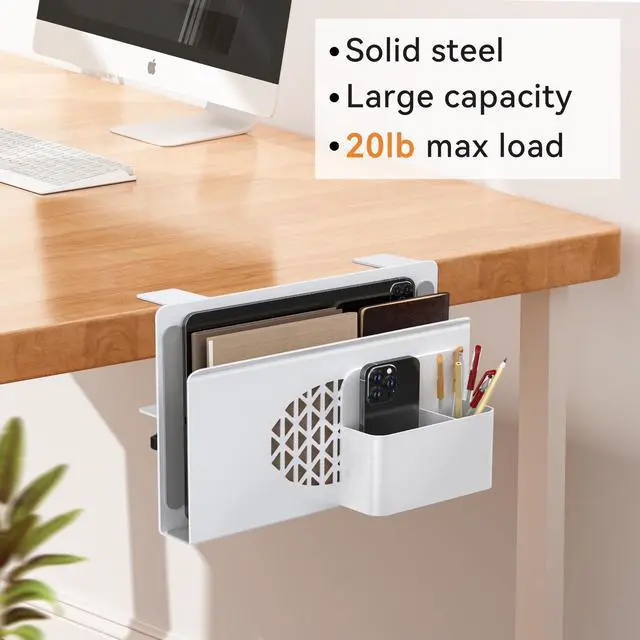 Alt view image 4 of 5 - Josmimic Desk Side Storage, Metal Laptop Holder with Magnetic Pen Box, Clamp-On Under Desk Organizer with Cooling Holes & Anti-Scratch Pads for Office and Home (White)