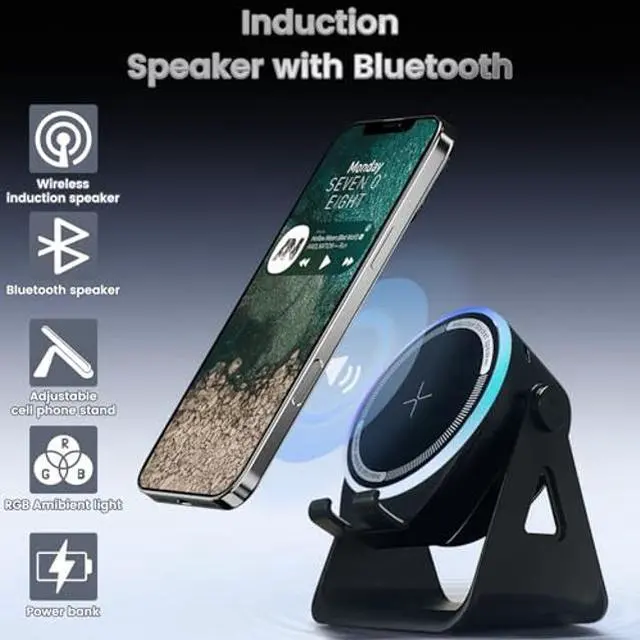 Alt view image 4 of 5 - realexist Induction Speaker 3-in-1 Bluetooth Speaker with Phone Stand,360° Adjustable Holder 8 RGB Light,Stereo Sound for iPhone/Android/iPad,Birthday Gift for Men Women