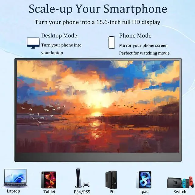 Alt view image 4 of 5 - KVKID Portable Monitor, 15.6'' FHD 1080P USB-C HDMI Ultra-Slim Portable Screen Laptop Screen Extender, Portable Computer Monitor with Kickstand, Travel Monitor for Laptop PC Phone for Home, Outdoors