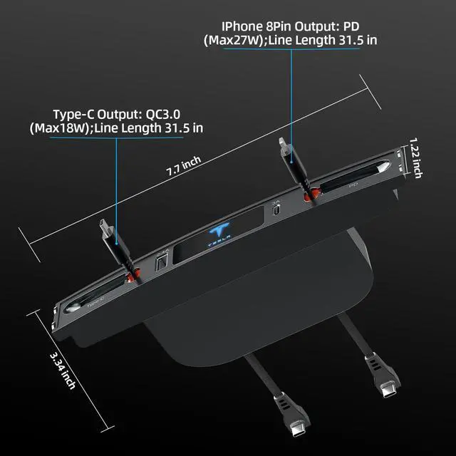 Alt view image 2 of 5 - Tesla USB Hub for 2021 2022 2023 Tesla Model 3 Model Y, Multi-Port Retractable Hub Docking Station with Fast Charging Cable, Tesla Accessories Docking Station of Center Console for Model Y/3
