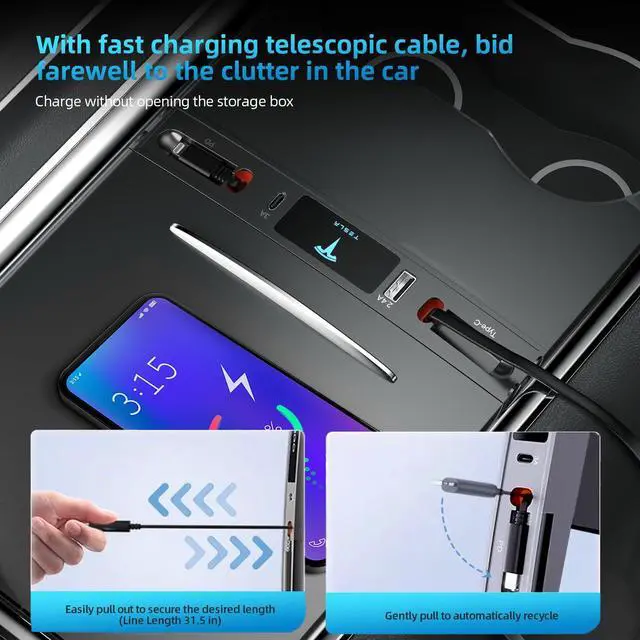 Alt view image 3 of 5 - Tesla USB Hub for 2021 2022 2023 Tesla Model 3 Model Y, Multi-Port Retractable Hub Docking Station with Fast Charging Cable, Tesla Accessories Docking Station of Center Console for Model Y/3