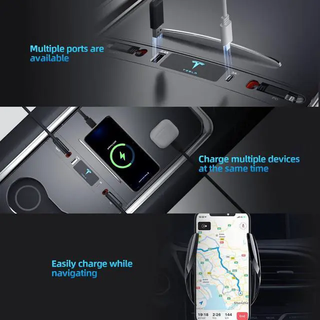 Alt view image 5 of 5 - Tesla USB Hub for 2021 2022 2023 Tesla Model 3 Model Y, Multi-Port Retractable Hub Docking Station with Fast Charging Cable, Tesla Accessories Docking Station of Center Console for Model Y/3