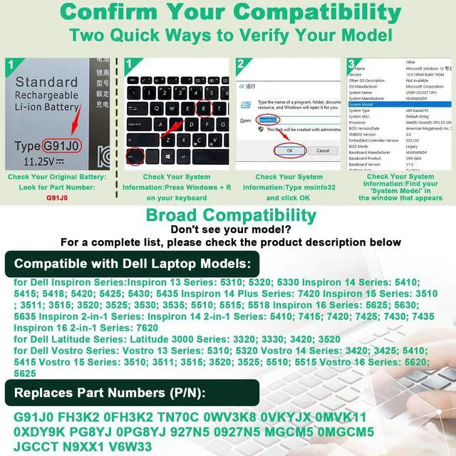 Alt view image 3 of 5 - G91J0 Laptop Battery Replacement for Dell Latitude 3320 3330 3520 3420 Inspiron 3510 3511 3530 3515 3525 5418 5510 5310 5410 5515 5518 14 Plus 7420 7415 2-in-1 Vostro 5620 5625 11.25V 41Wh 3467mAh