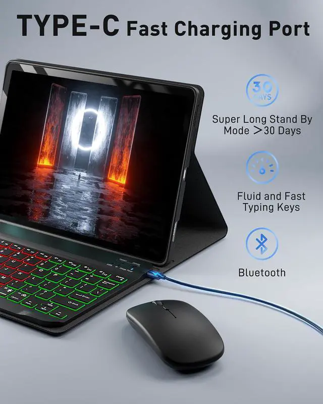 Alt view image 5 of 5 - for Microsoft Surface Go 4/3/2/1 10.5/10 inch Case with Keyboard - Rainbow Backlit Keyboard Case - Built in Pencil Holder with Mouse - Black